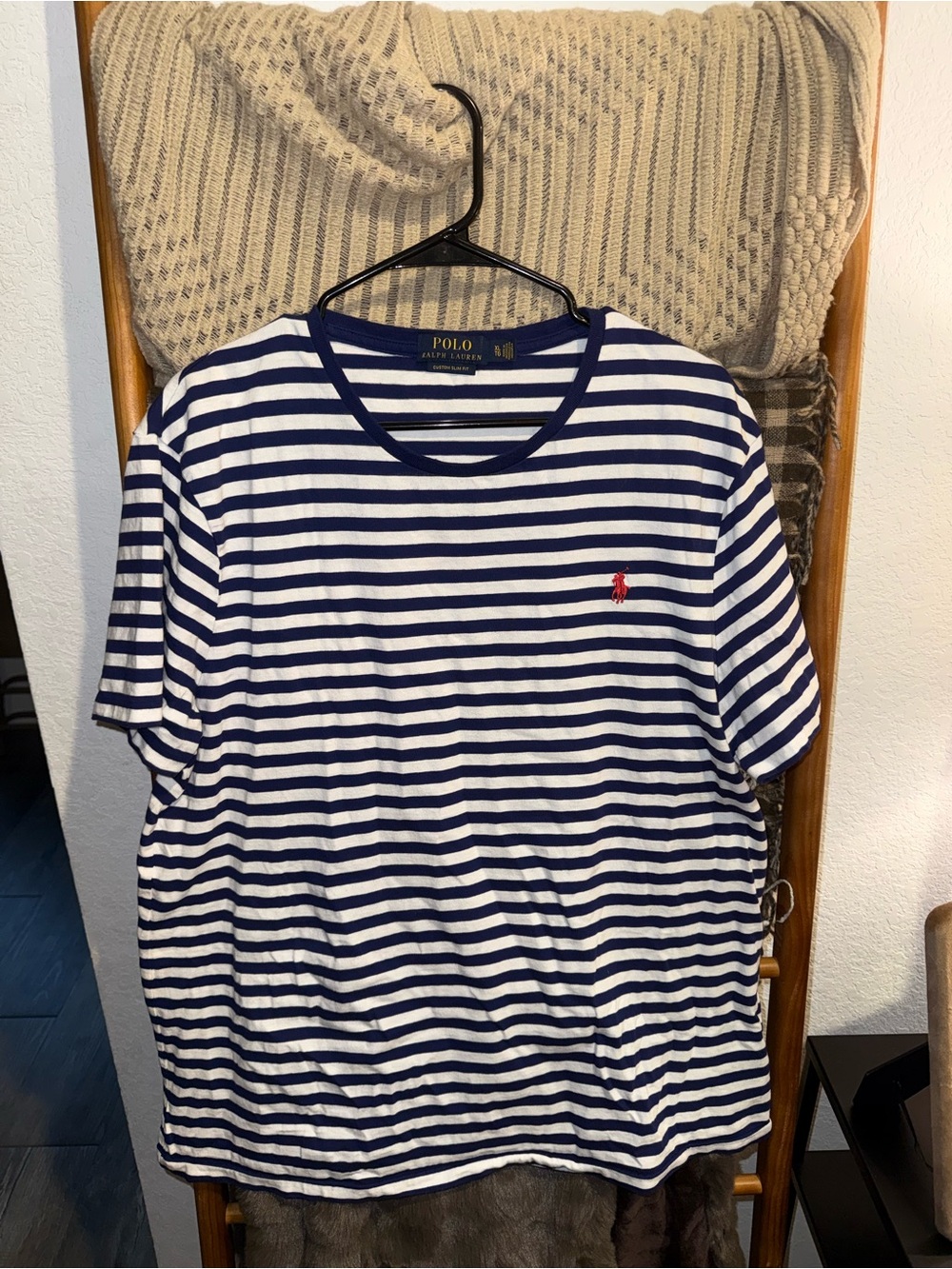 Ralph Lauren Navy and White Striped Crew Neck Tee